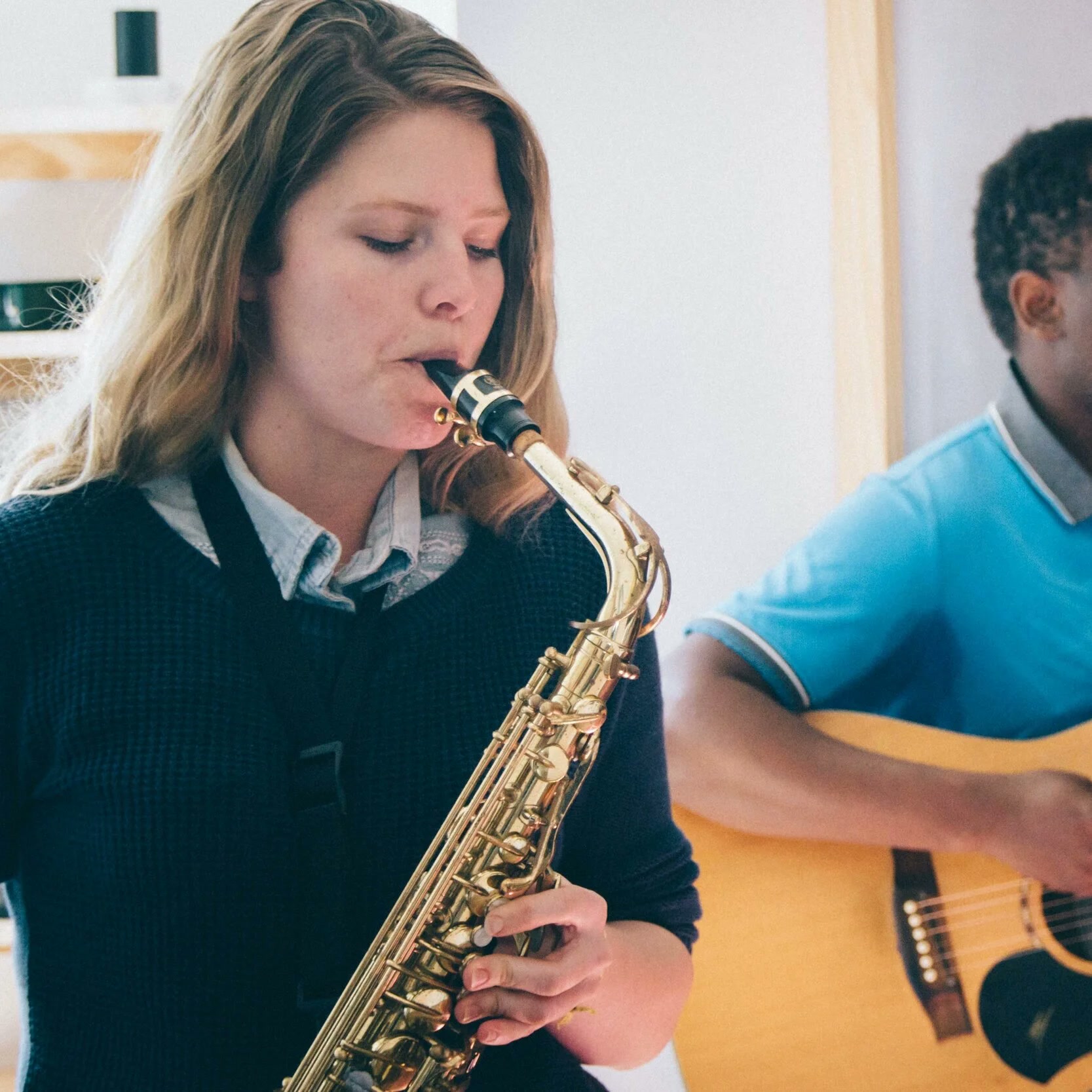 Saxophone student playing for enjoyment